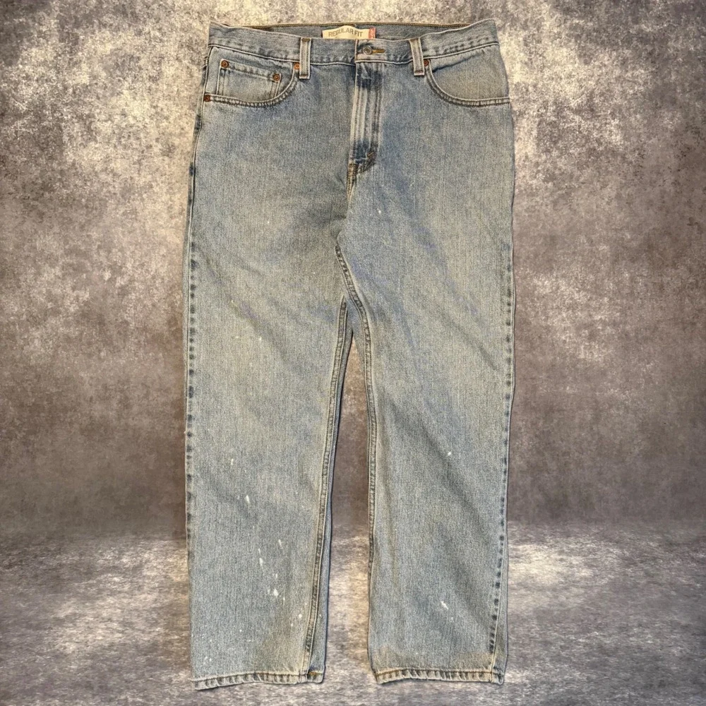Levi 505 Regular Fit Mens Light Wash Denim Jeans Blue 36‎ x 30 Distressed Paint